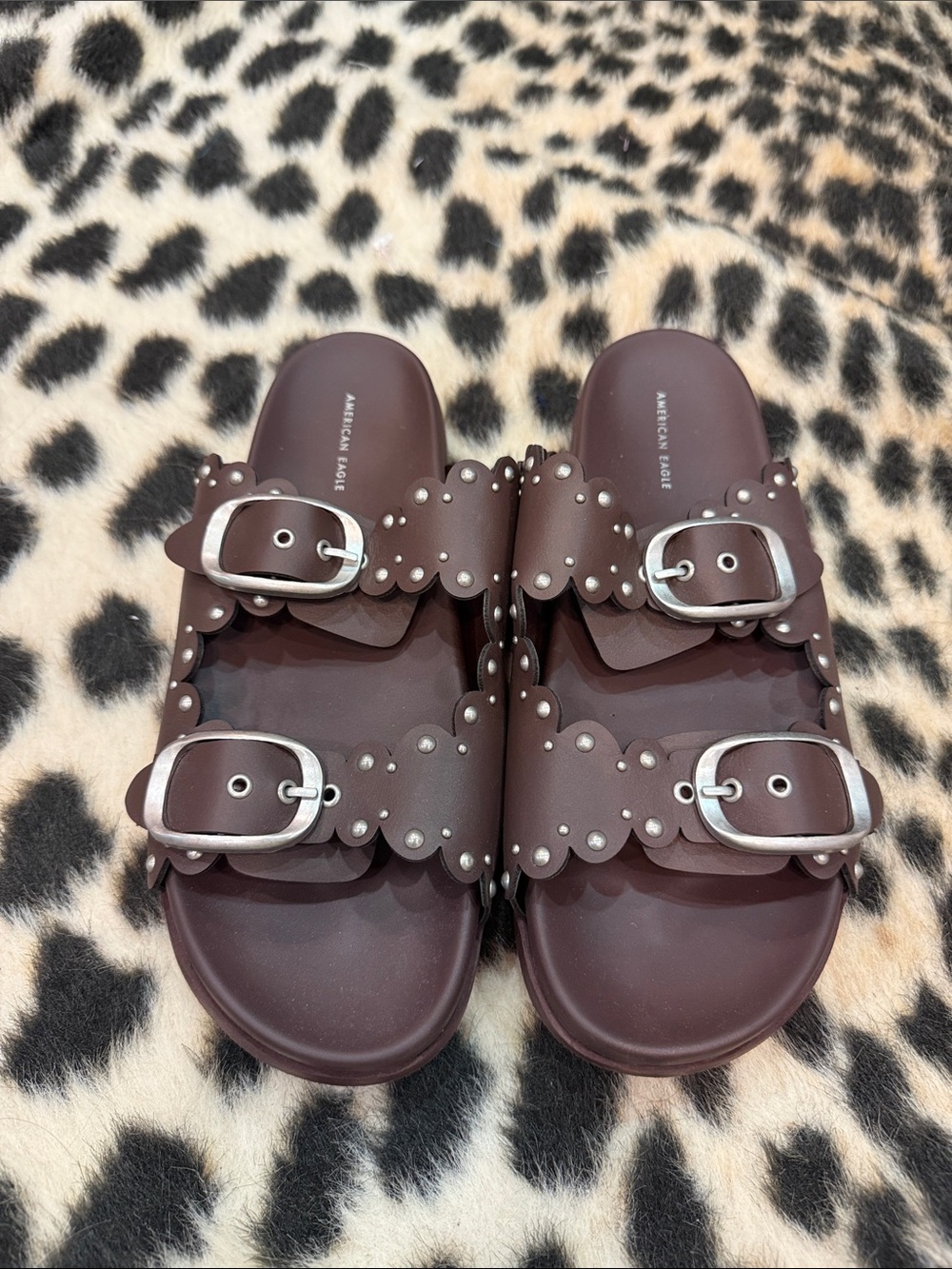 American Eagle Outfitters Brown Double-Buckle Scalloped Slide Sandals
